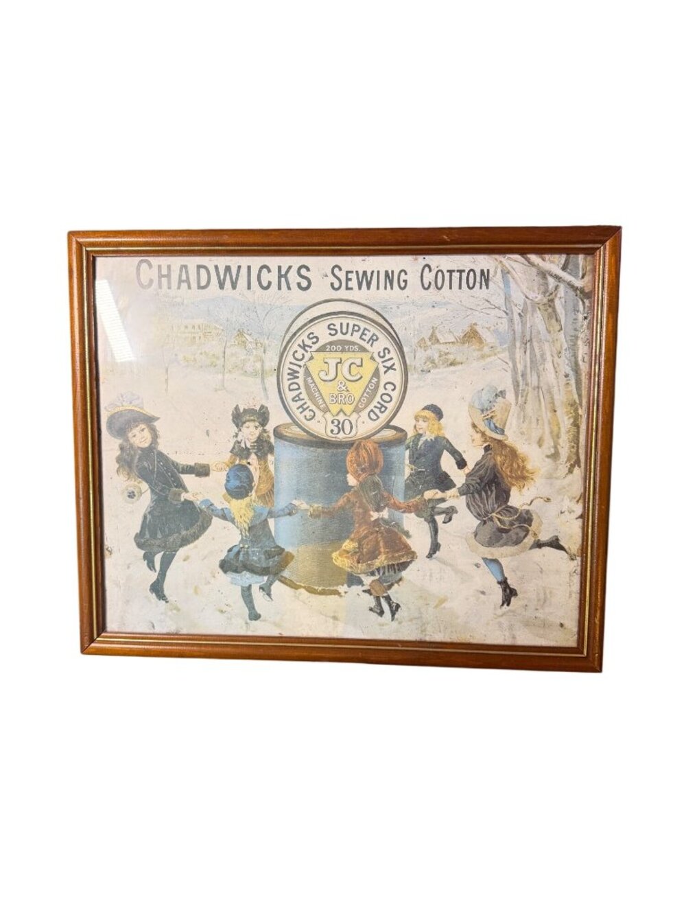 Vintage Chadwicks Sewing Cotton Framed Print With Children Illustration & Wooden